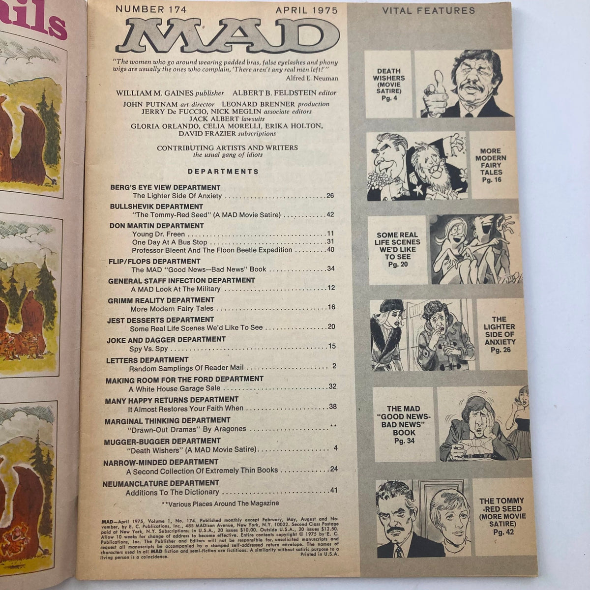 Inside page from VTG Mad Magazine April 1975 No. 174 featuring the table of contents, highlighting various departments including movie satire. This issue covers the essence of 1970s humor and pop culture.