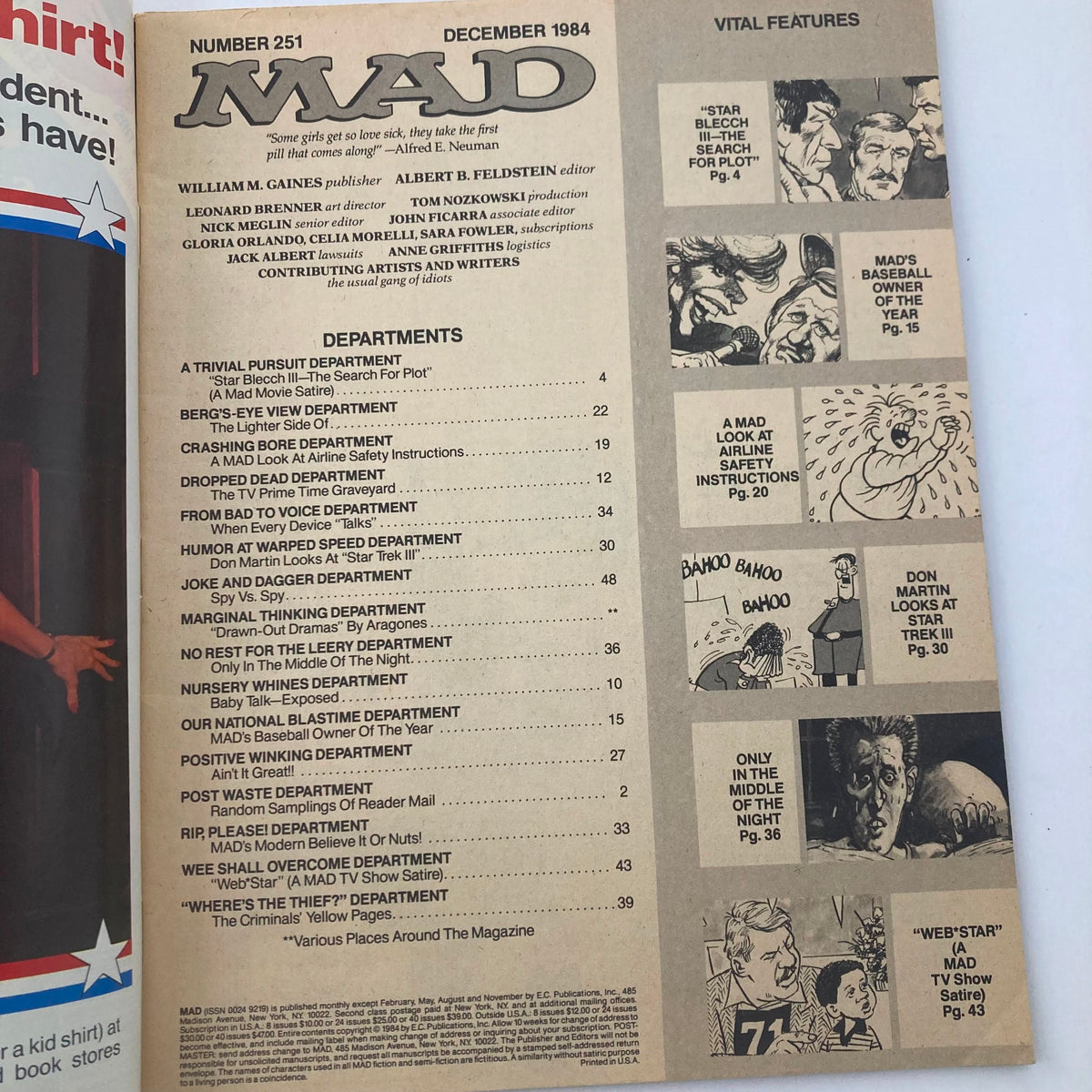 Interior page of VTG Mad Magazine December 1984 No. 251 displaying the table of contents, listing various humorous articles and sections.
