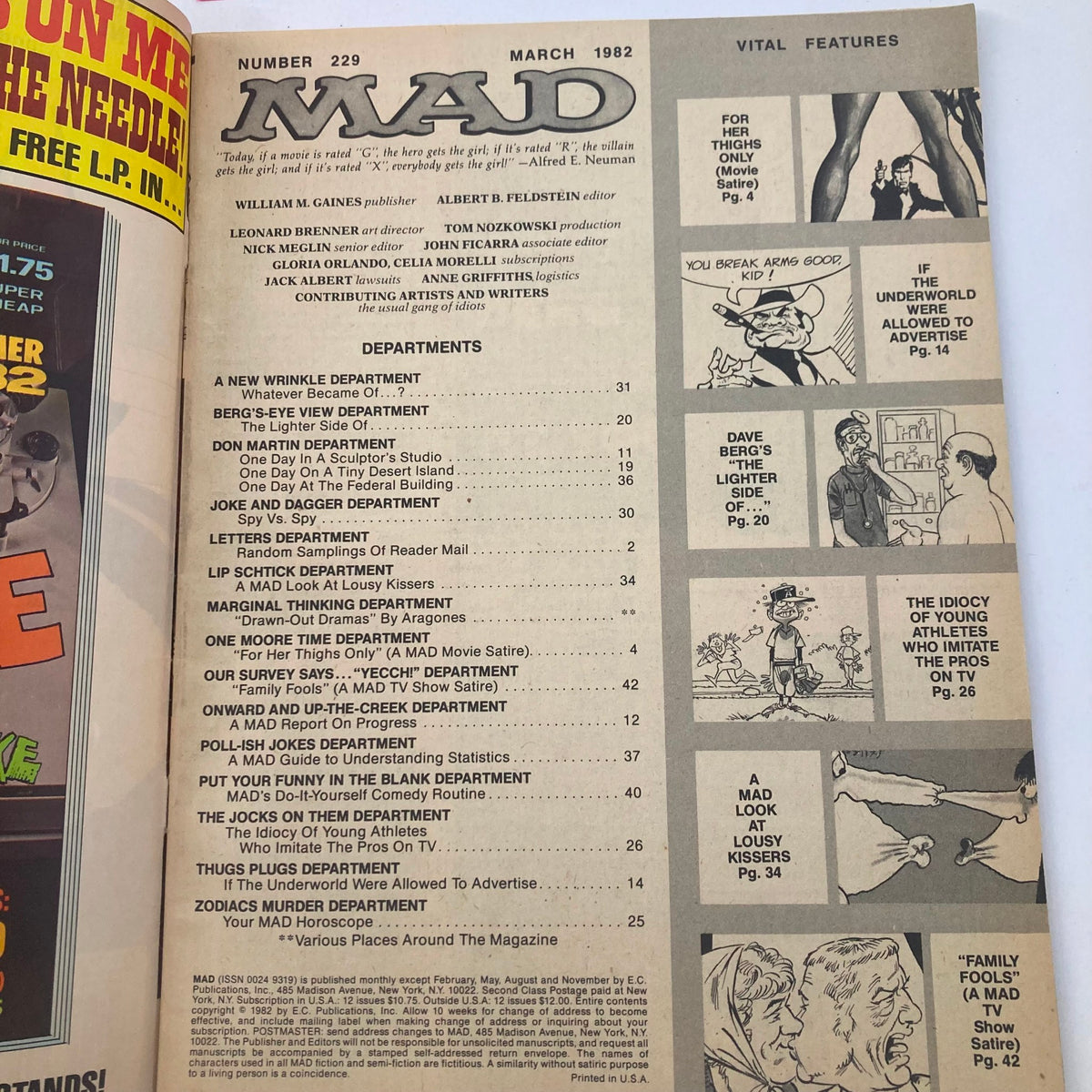 Interior page of VTG Mad Magazine March 1982 No. 229 showcasing the table of contents and various humor sections, reflecting classic 1980s satire.