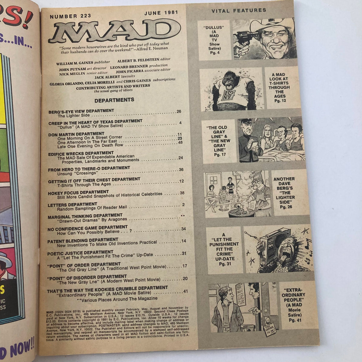 Interior page from VTG Mad Magazine June 1981 No. 223, featuring the table of contents and vital features, showcasing the magazine's classic humor and design.