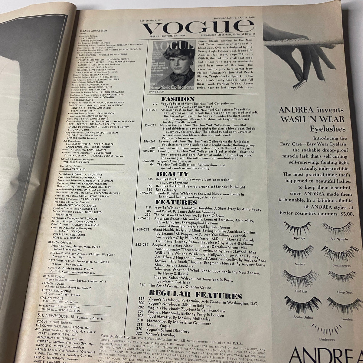 Table of Contents from Vogue Magazine September 1, 1971, details featuring fashion collections and beauty advice, depicting the influential early 1970s aesthetics.