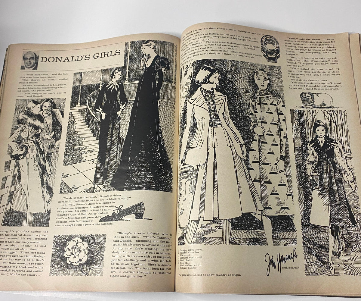Fashion illustrations from Vogue Magazine September 1, 1971 featuring designs titled 'Donald's Girls', showcasing the styles and creative trends of early 1970s American fashion.