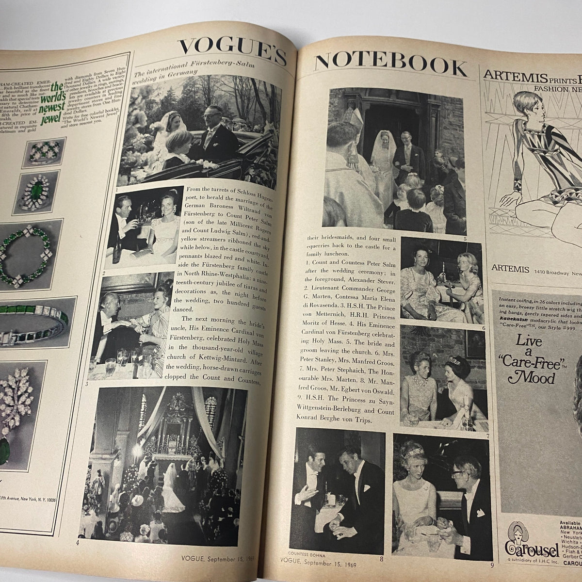 Interior spread of Vogue Magazine September 15, 1969 - Susanne Schöneborn Cover featuring 'Vogue's Notebook' with photos and articles.