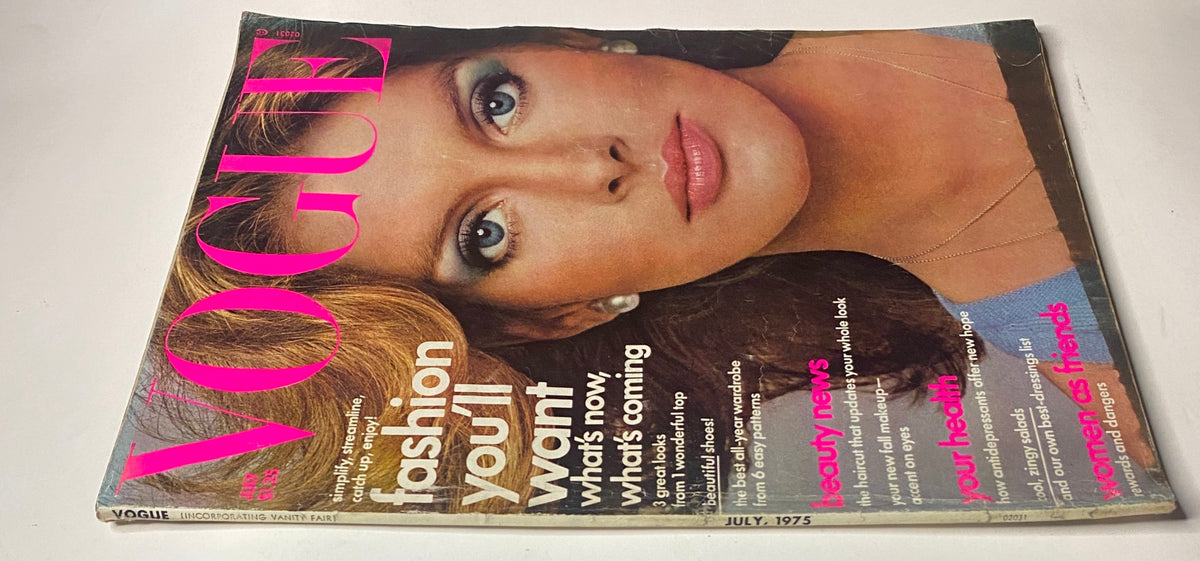 Classic Vogue Magazine from July 1975 showcasing Rene Russo on the cover, captured by Francesco Scavullo, reflecting the summer-to-fall fashion transition and beauty news of the era.