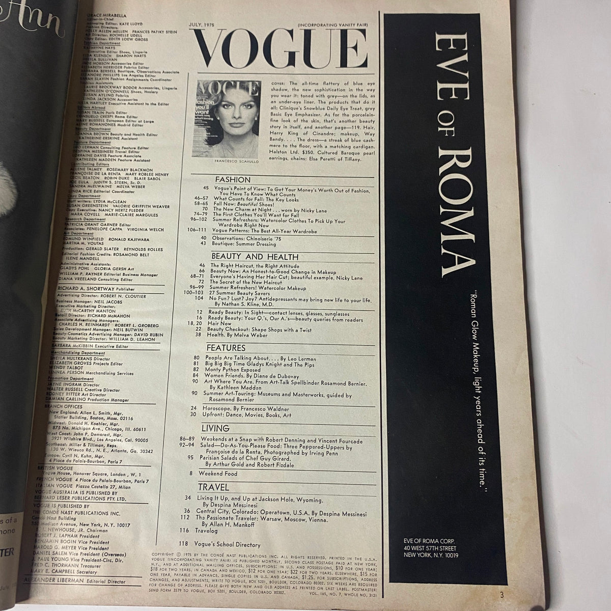 Table of contents from Vogue Magazine July 1975, displaying editorial highlights and featured articles.