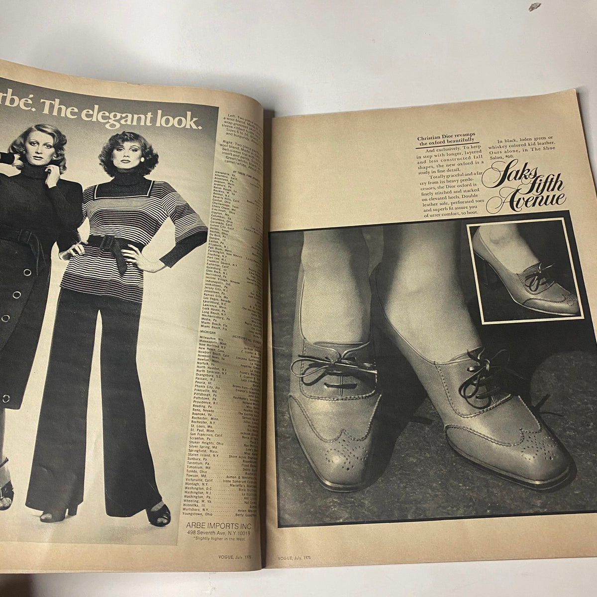 Fashion spread from Vogue Magazine July 1975, presenting stylish outfits and footwear recommendations.