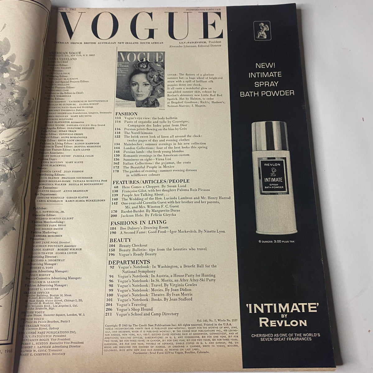 Vogue Magazine April 1, 1965 featuring Wilhelmina Cooper on the cover photographed by Irving Penn. The interior of the magazine includes an advertisement for 'Intimate' by Revlon.