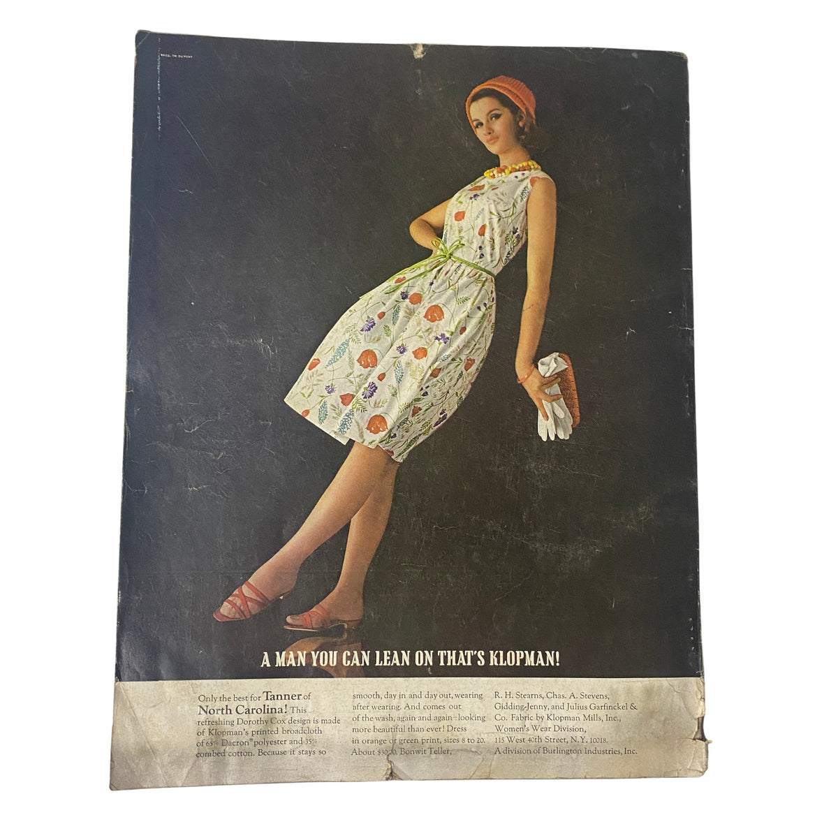 Cover of Vogue Magazine April 1, 1965 showcasing Wilhelmina Cooper by Irving Penn, displaying a model in a colorful dress with accessories, promoting Tanner of North Carolina fashion.