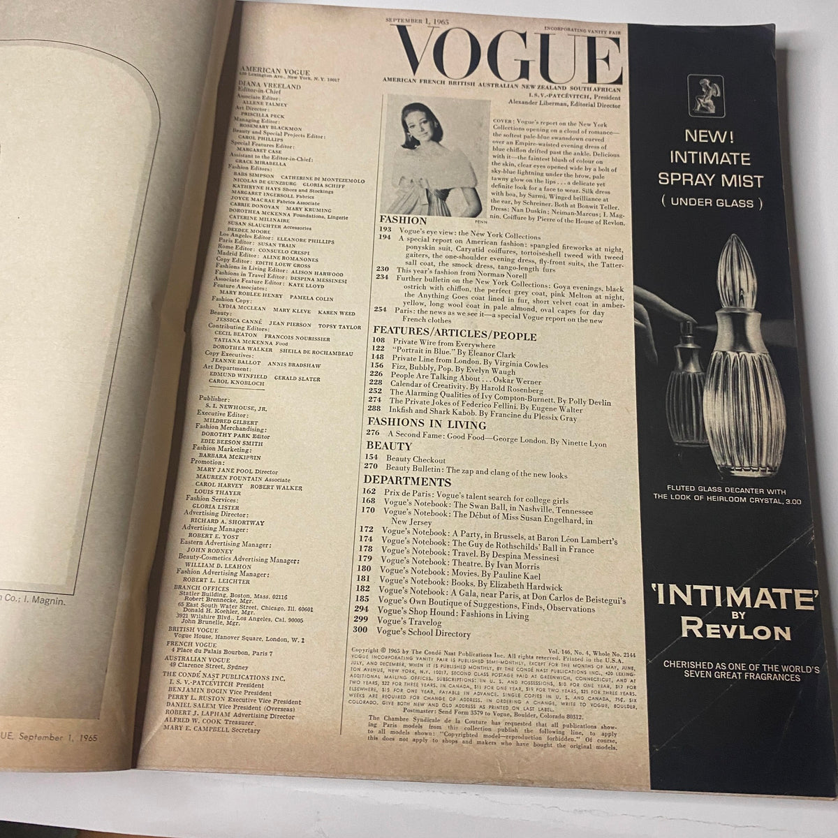 Interior page from Vogue Magazine September 1, 1965 featuring a table of contents, showcasing various articles and fashion highlights.