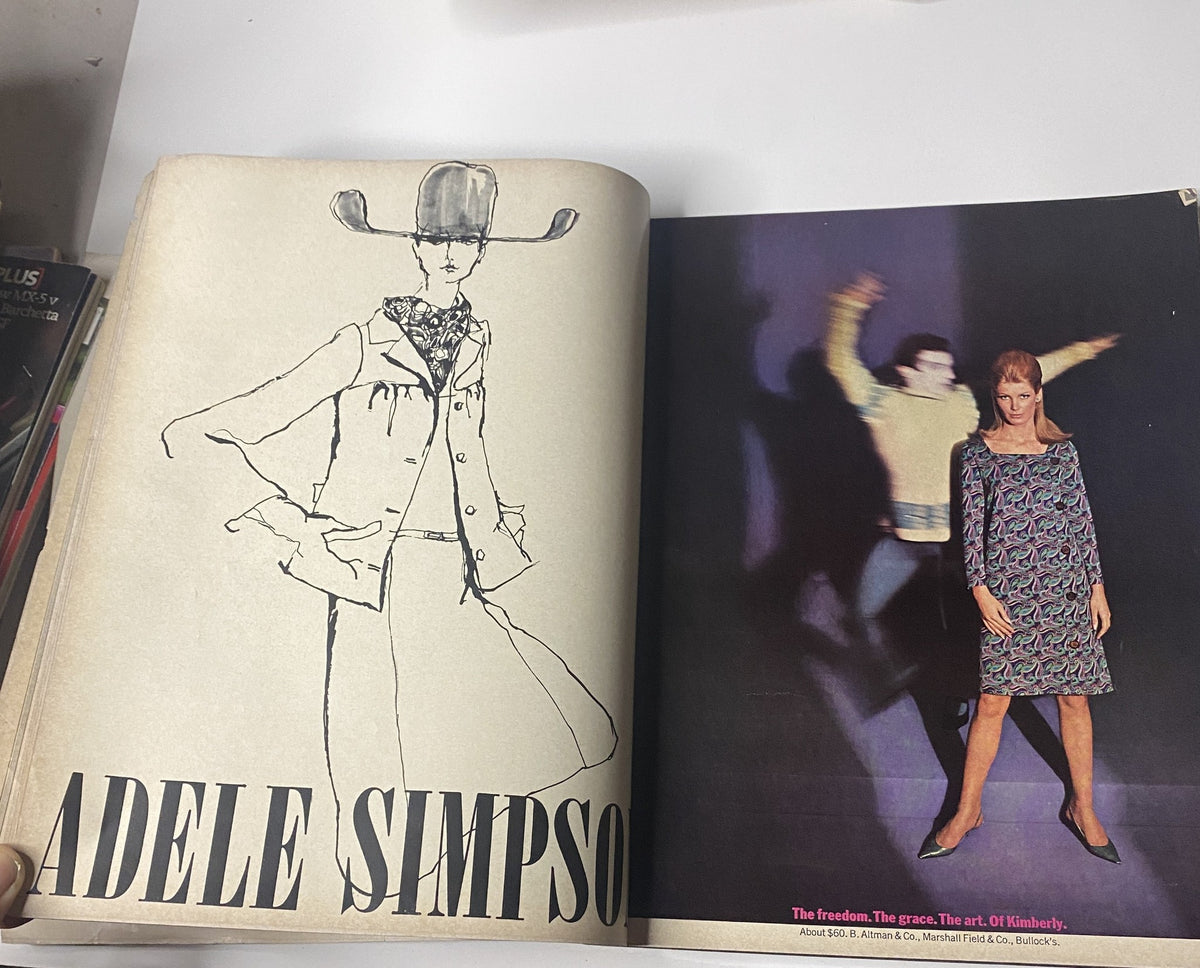 Artistic illustration and photo layout in Vogue Magazine September 1, 1965, featuring designs by Adele Simpson and a model wearing a stylish dress.