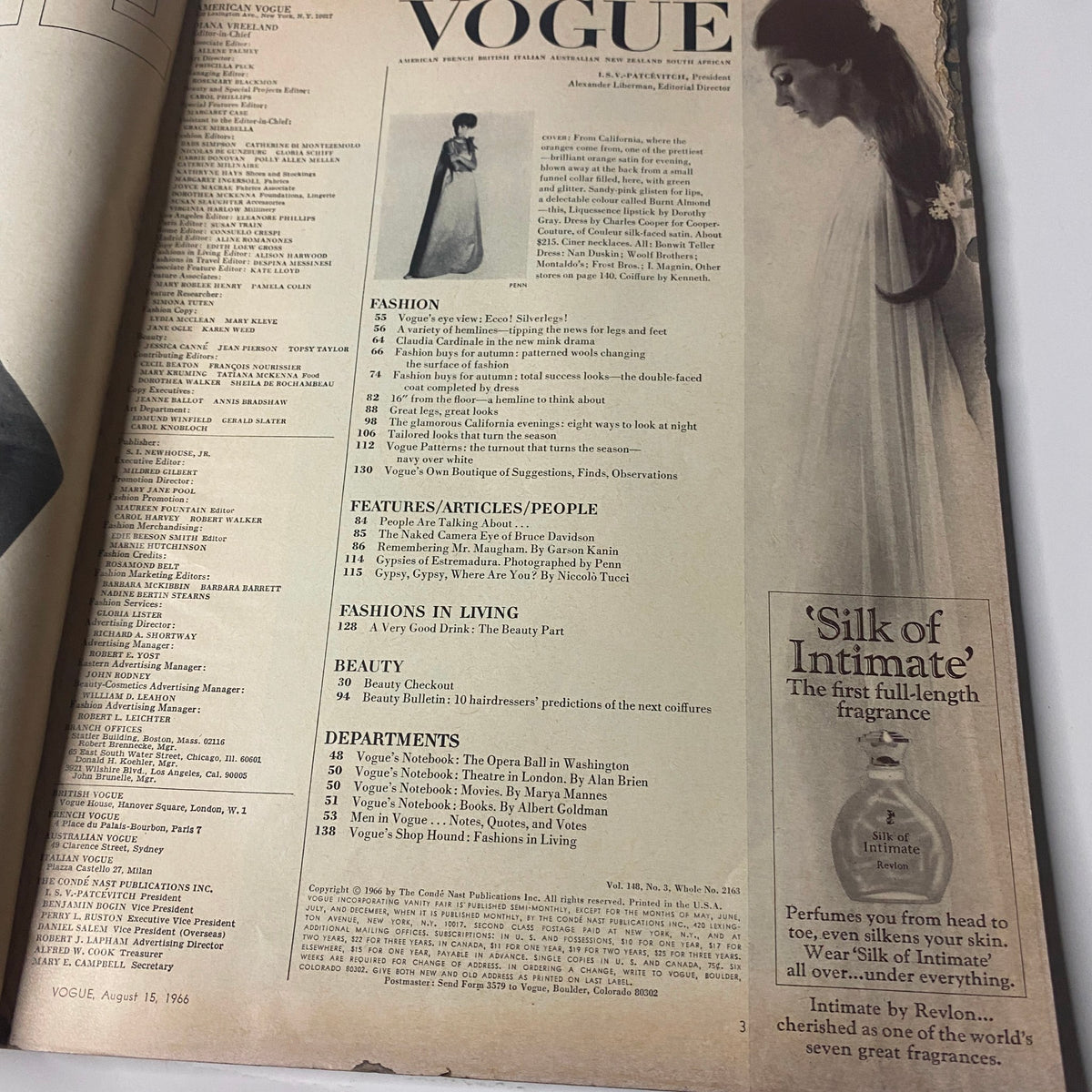 Table of contents from Vogue Magazine August 15, 1966 featuring sections on fashion and articles, reflective of mid-1960s style and aesthetics.