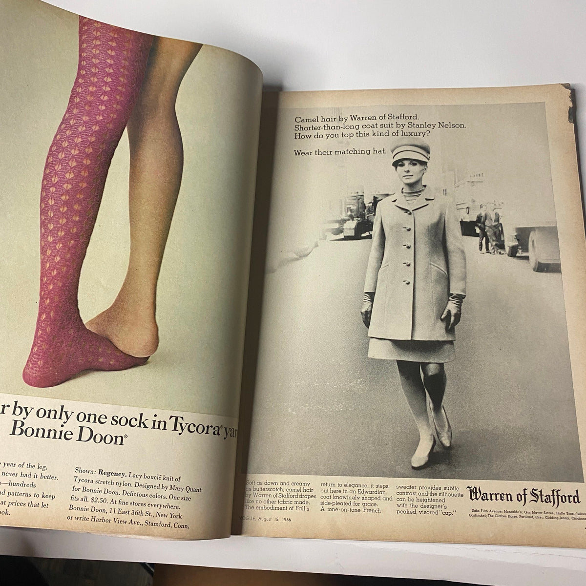 Ad from Vogue Magazine August 15, 1966 for Warren of Stafford featuring a model dressed in stylish winter attire, highlighting contemporary fashion trends.