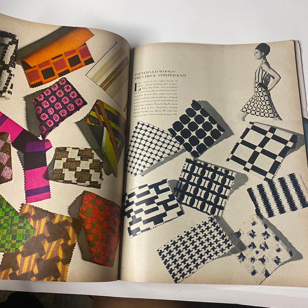 Colorful patterned fabrics featured in Vogue Magazine August 15, 1966 showing textile designs from the era, illustrating fashion's graphical styles.