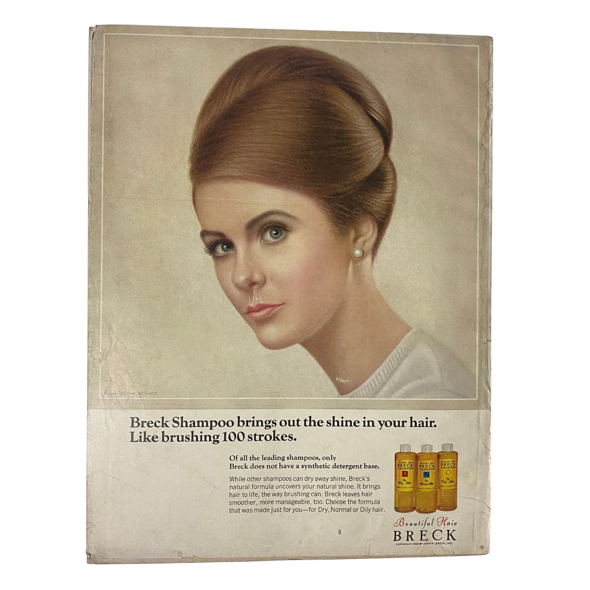 Illustrated advertisement from the back cover of a vintage Vogue Magazine August 15, 1966, featuring a model promoting Breck Shampoo, which emphasizes shine and hair care.