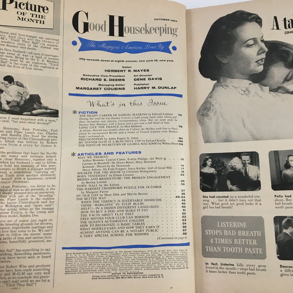 Inside page of Good Housekeeping Magazine October 1957 displaying the table of contents and article headings, illustrating the vintage layout and design characteristic of the era.