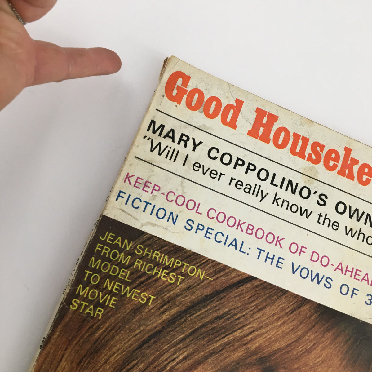 Close-up of the cover of Good Housekeeping Magazine August 1967 showcasing Jean Shrimpton's transition from model to movie star, along with headlines about Mary Coppolino and a fiction special.