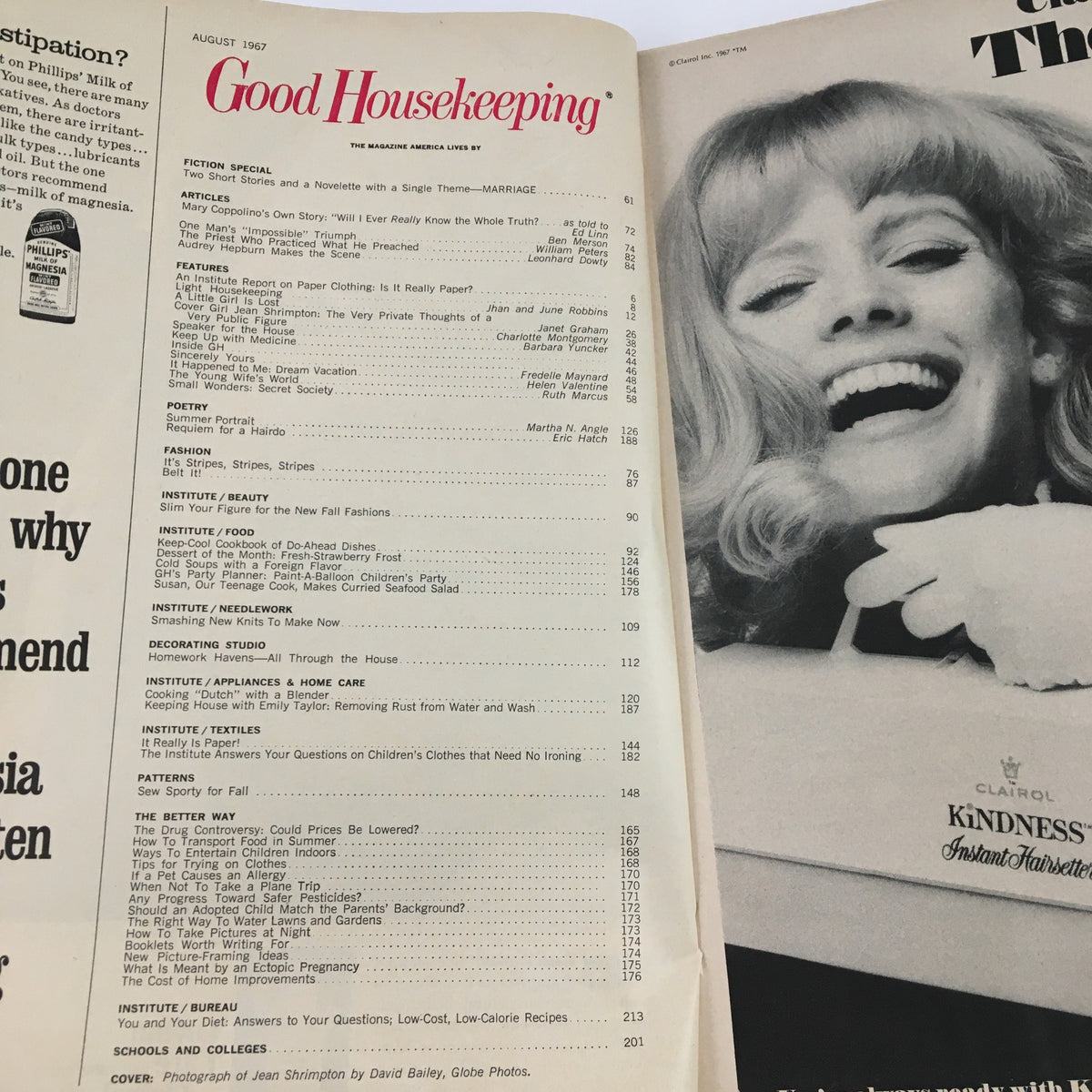 Inside page of Good Housekeeping Magazine August 1967 displaying the table of contents with articles on fashion and lifestyle, alongside a photograph of Jean Shrimpton.