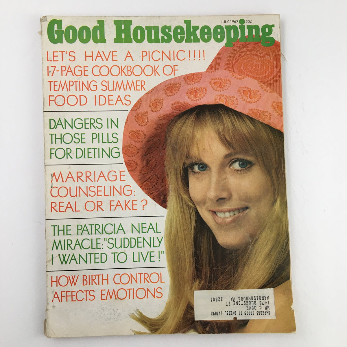 Cover of Good Housekeeping Magazine July 1967 featuring the title 'The Patricia Neal Miracle: I Wanted To Live'. The magazine includes articles about summer picnics and dieting, with a lovely model wearing a pink hat.