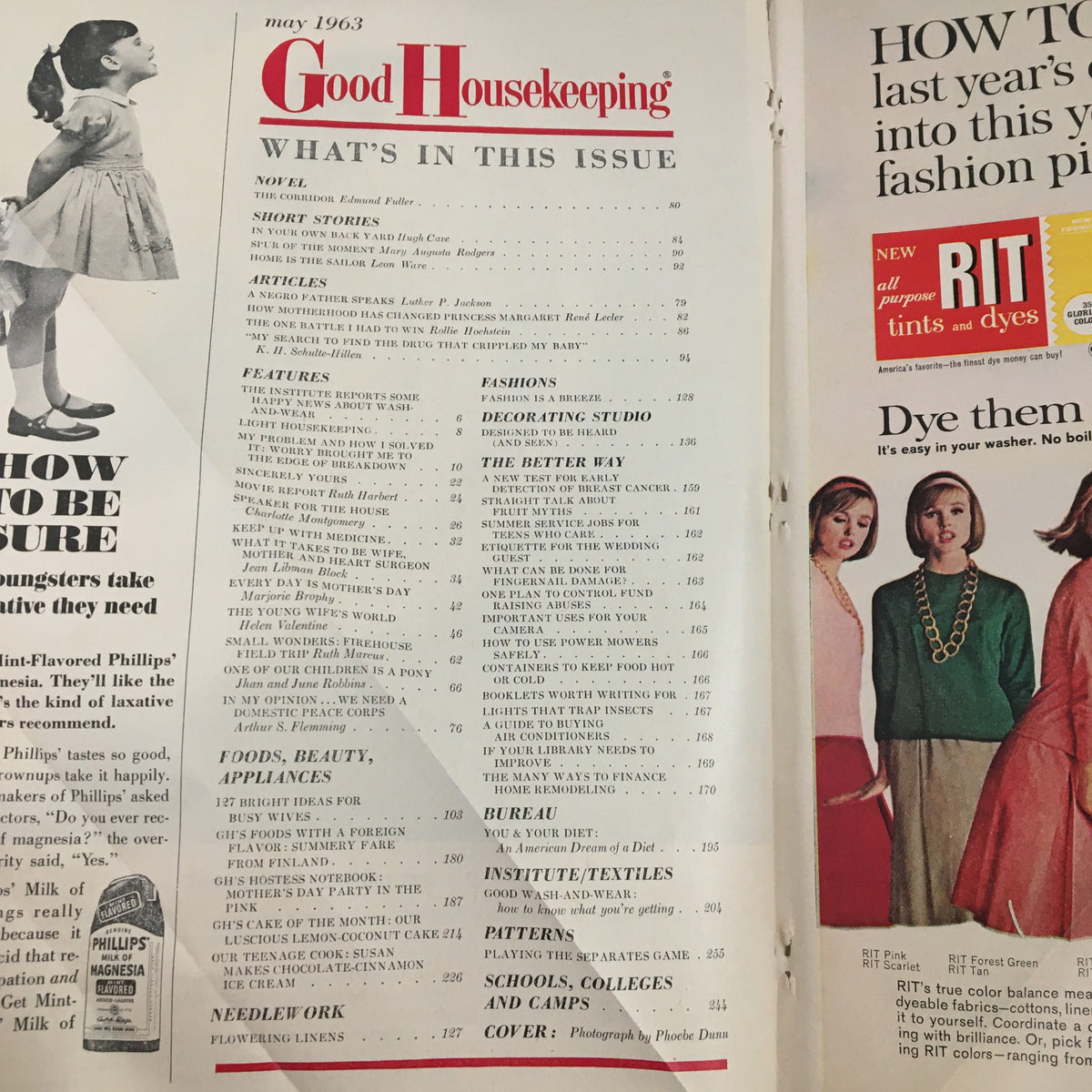 Table of contents from Good Housekeeping Magazine May 1963, listing features and articles including 'How Motherhood Changed Princess Margaret'.