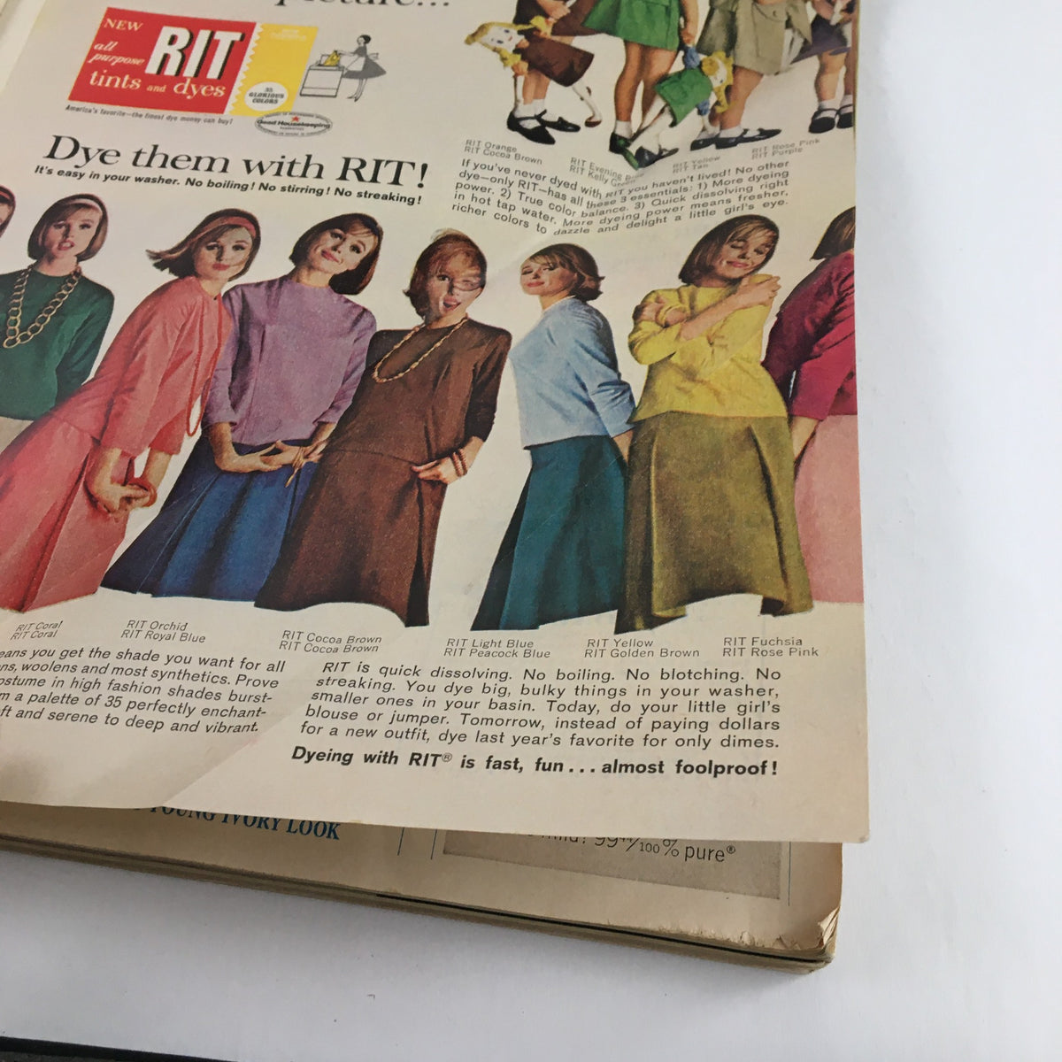 May 1963 Good Housekeeping Magazine advertisement showcasing a variety of colorful dresses dyed with RIT tints and dyes, emphasizing ease of use for fashion enthusiasts.