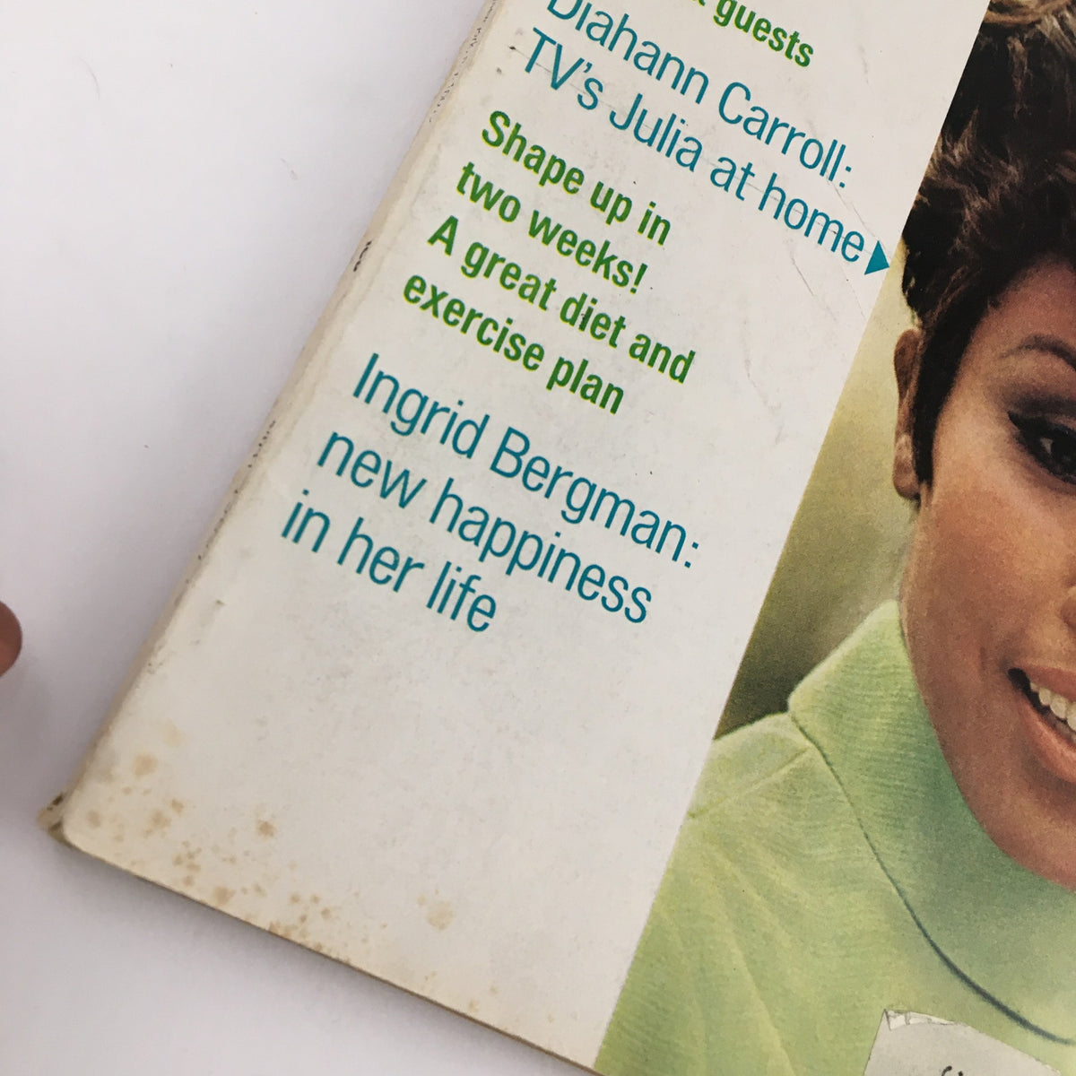 Close-up of the Good Housekeeping Magazine May 1969 cover detailing Diahann Carroll's feature as TV's Julia at home, highlighting lifestyle tips and Ingrid Bergman's happiness.