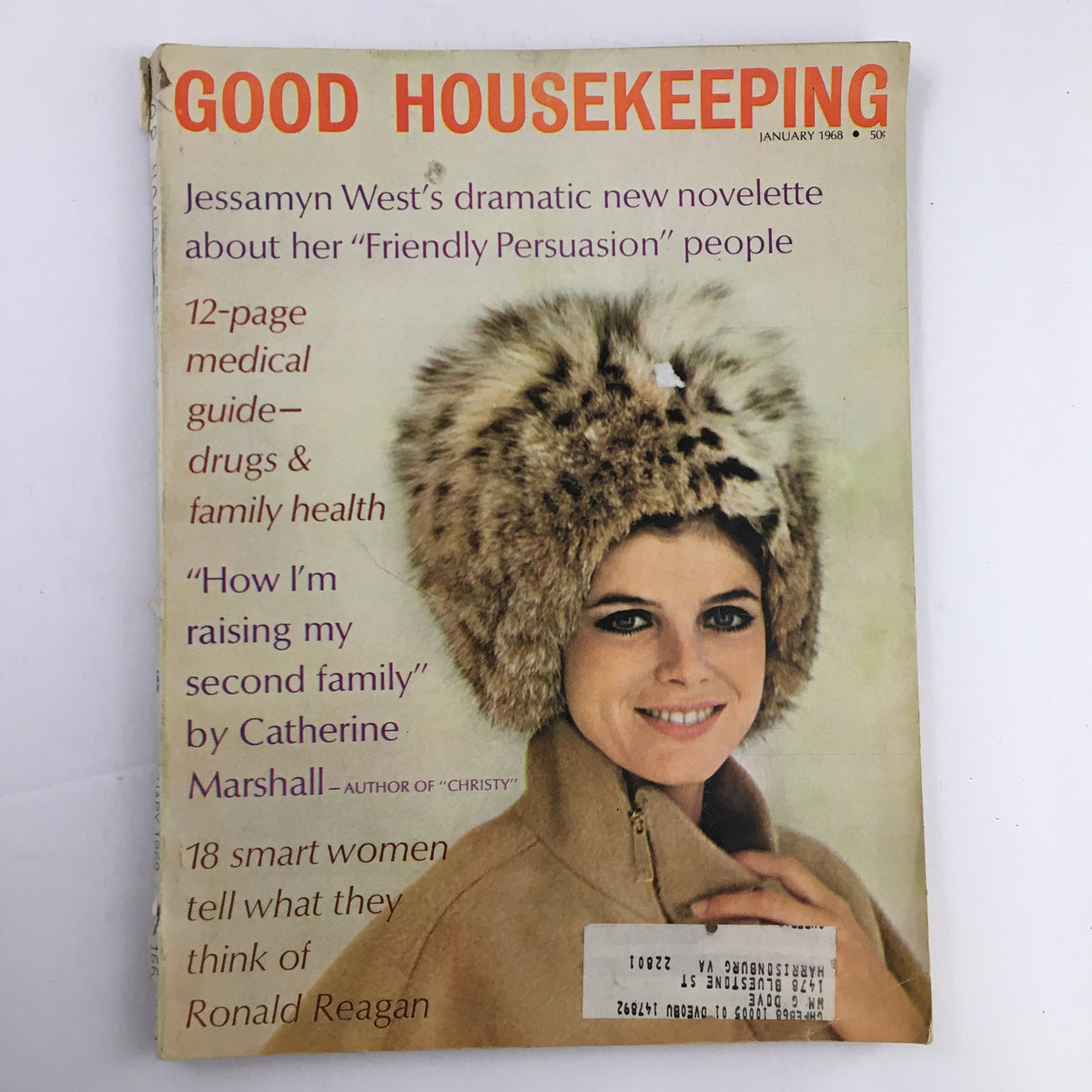 Good Housekeeping Magazine January 1968 cover featuring Jessamyn West's 'Friendly Persuasion' with a model wearing a stylish fur hat and an overview of articles inside.