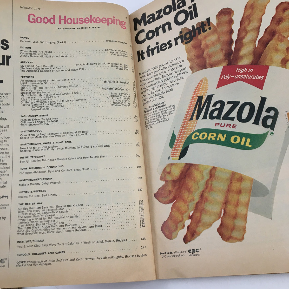 Interior page of the January 1972 Good Housekeeping Magazine displaying the table of contents, including articles and features related to home care and cooking.