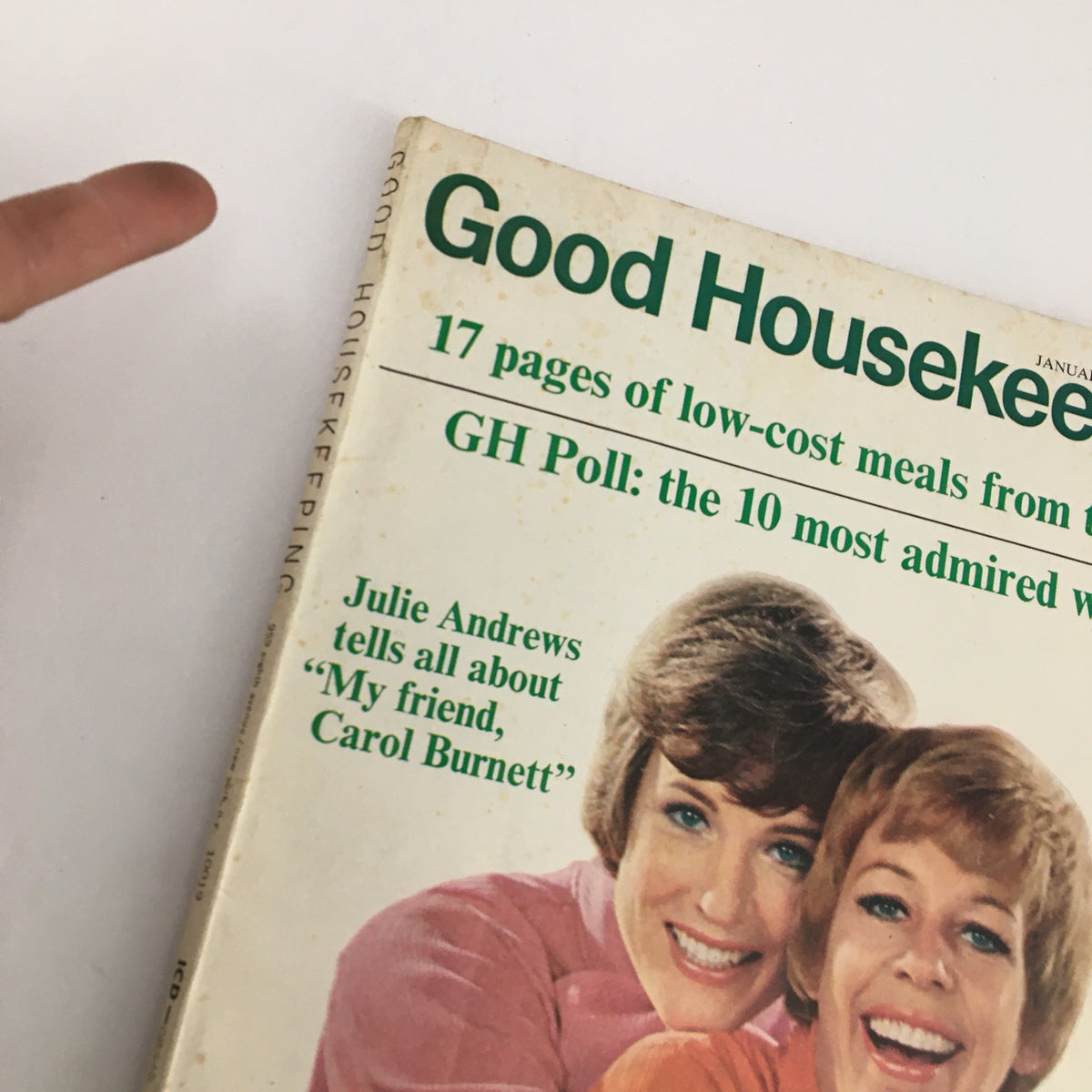Close-up of the cover of Good Housekeeping Magazine January 1972 showing Julie Andrews and Carol Burnett with text about their friendship.