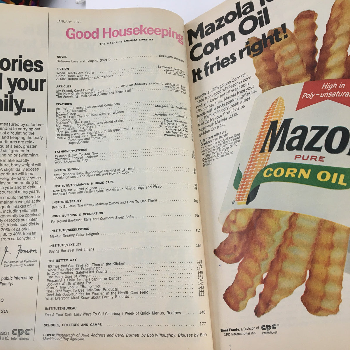 January 1972 Good Housekeeping magazine featuring contents page with articles including Julie Andrews and Carol Burnett, advertisements like Mazola Corn Oil, and cultural insights from the early 1970s.