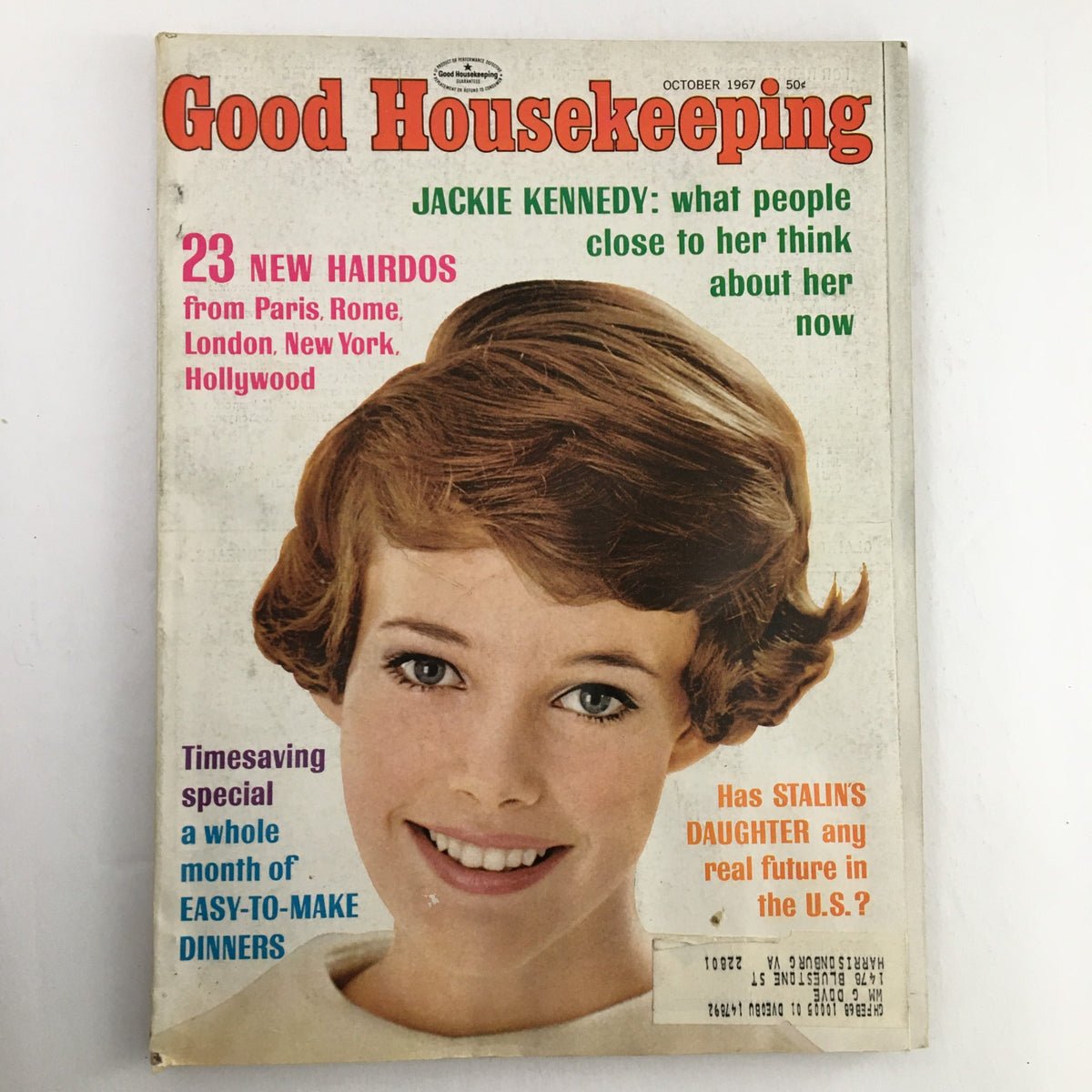 Cover of Good Housekeeping Magazine October 1967 featuring Jackie Kennedy, showcasing her iconic hairstyle and the headline about public perceptions.