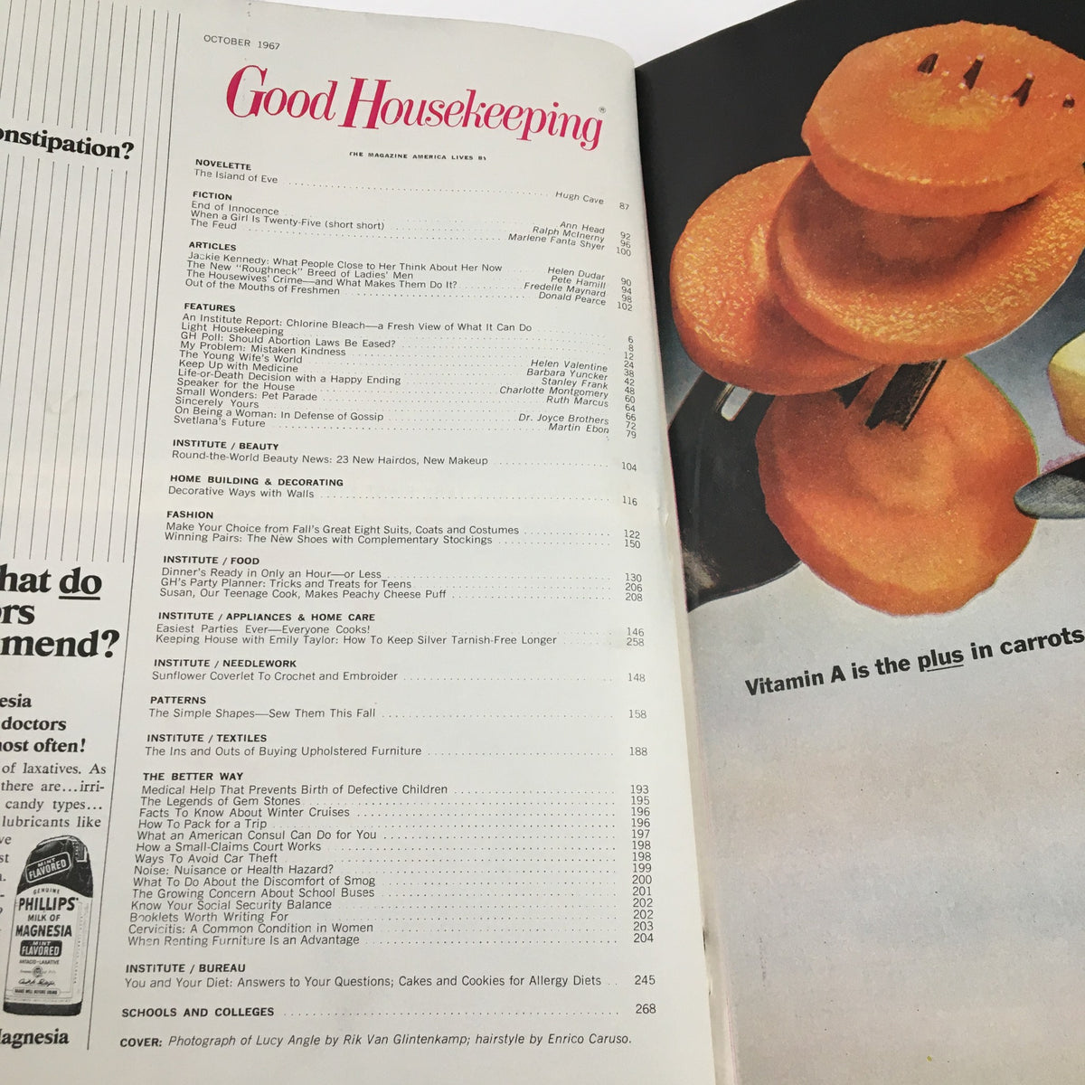 Inside page of Good Housekeeping Magazine October 1967 showing the table of contents, detailing articles and features related to beauty and lifestyle.