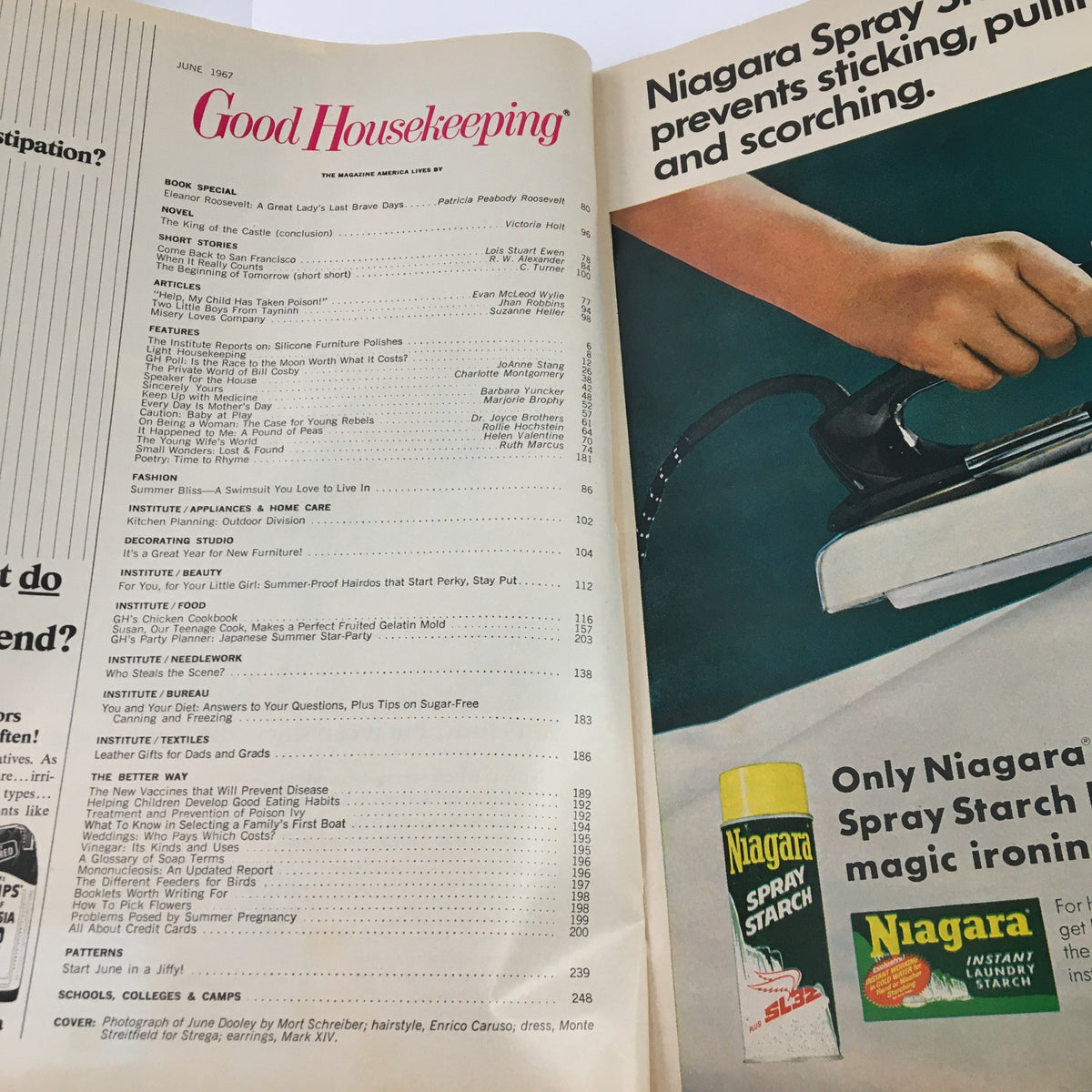 Interior page of Good Housekeeping Magazine June 1967 displaying the table of contents including 'Eleanor Roosevelt: Her Last Brave Days' and various articles related to home care.