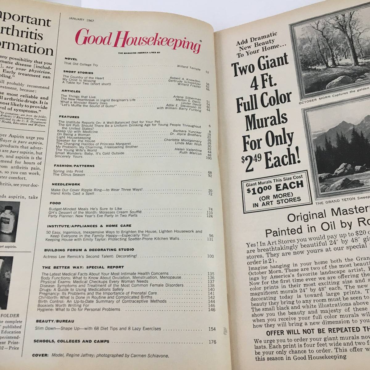 Table of contents page from Good Housekeeping Magazine January 1967, displaying an overview of articles including Ingrid Bergman’s life and homemaking tips.