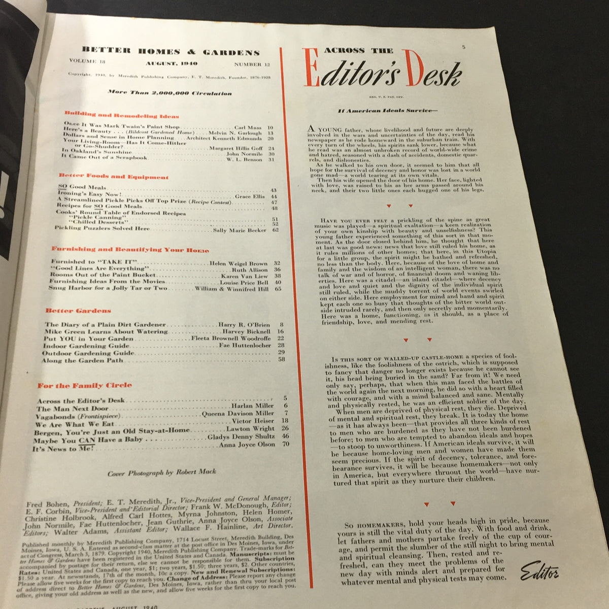 Page from VTG Better Homes & Gardens August 1940 Edition, featuring the editorial section with articles and content listings.