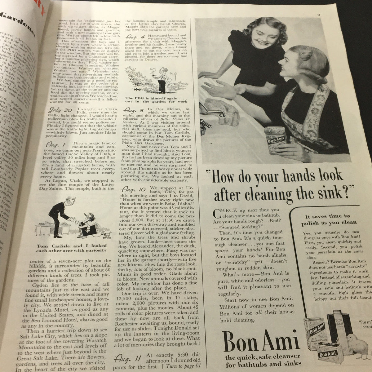 Page from VTG Better Homes & Gardens August 1940 Edition, showcasing vintage advertisements and gardening tips.
