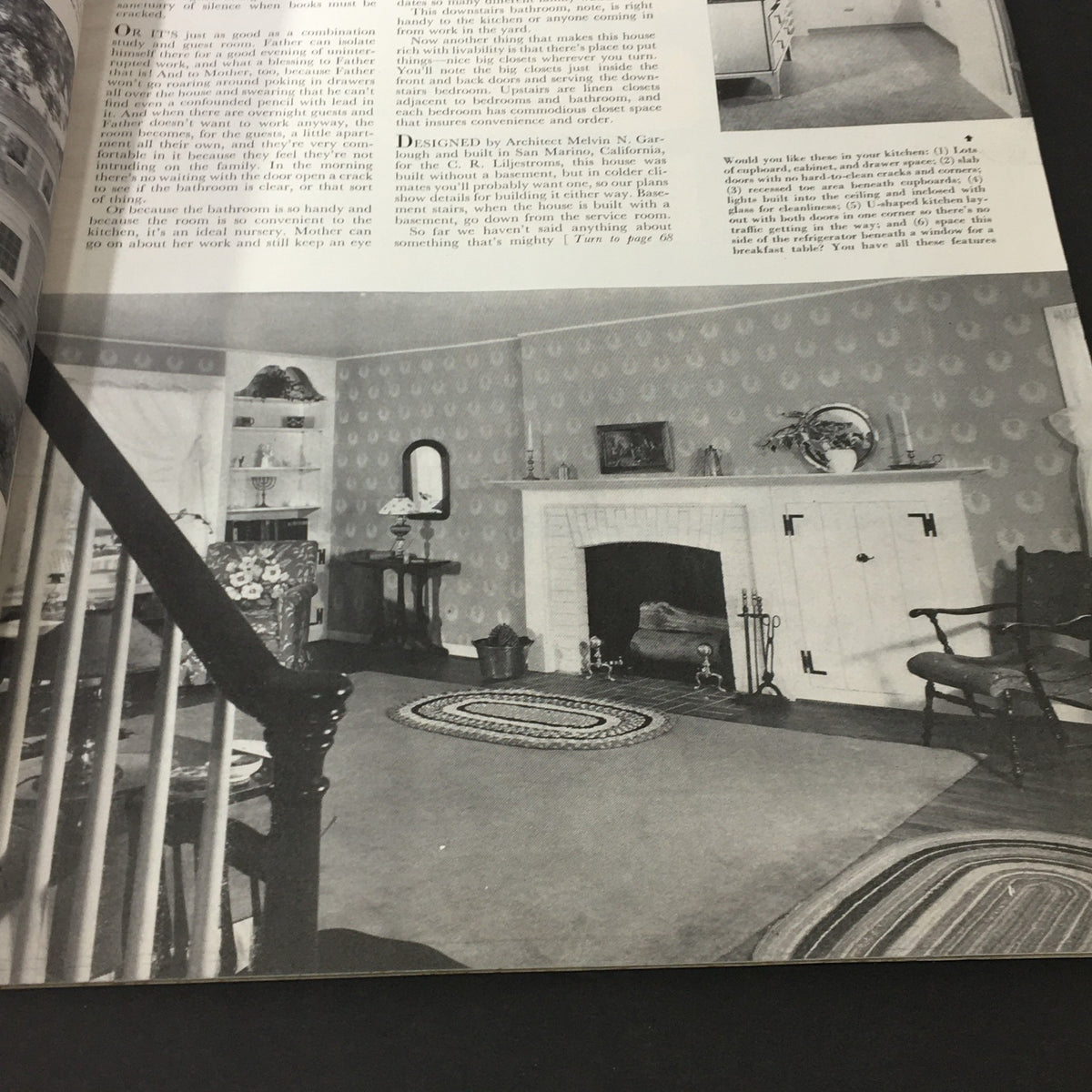 Vintage interior photograph from the VTG Better Homes & Gardens August 1940 magazine, illustrating a cozy living room with a fireplace and classic furnishings.