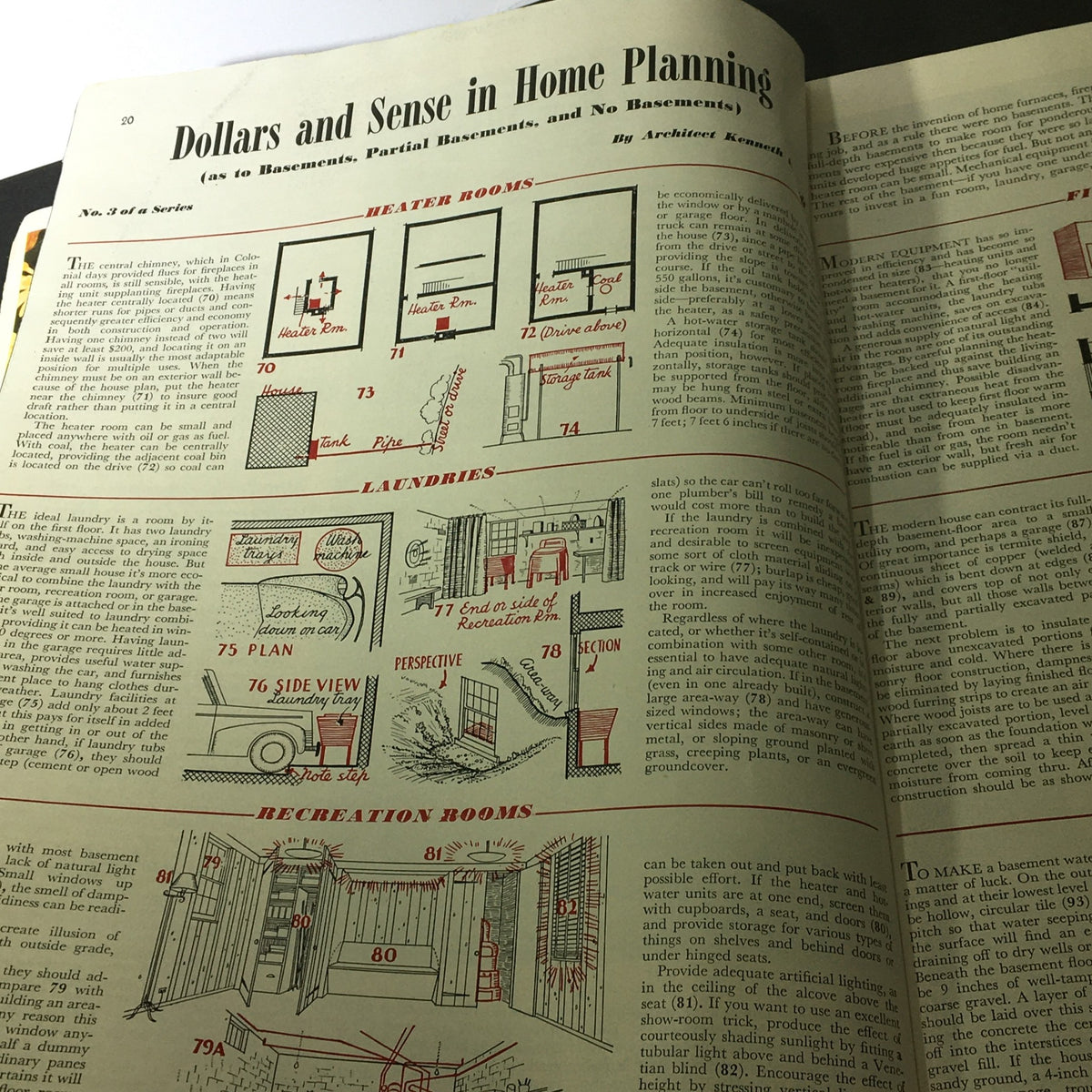 Page from VTG Better Homes & Gardens August 1940, detailing home planning concepts with illustrated diagrams and descriptions for modern utilities and layouts.