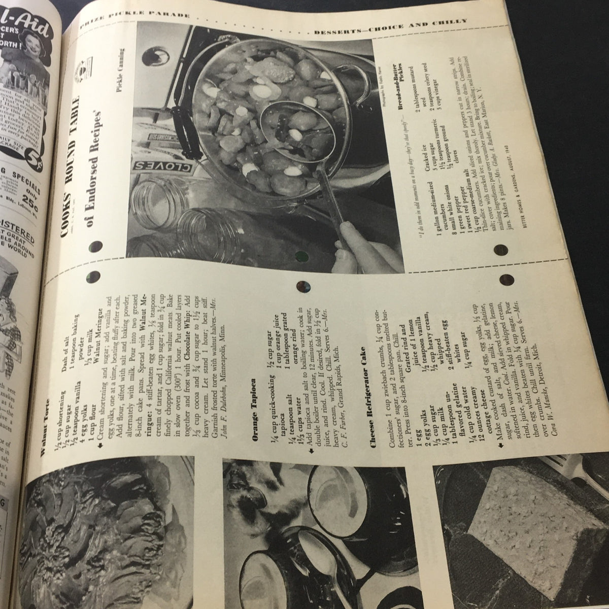 Vintage magazine page from VTG Better Homes & Gardens August 1940 featuring recipes including a fruit salad and dessert options.