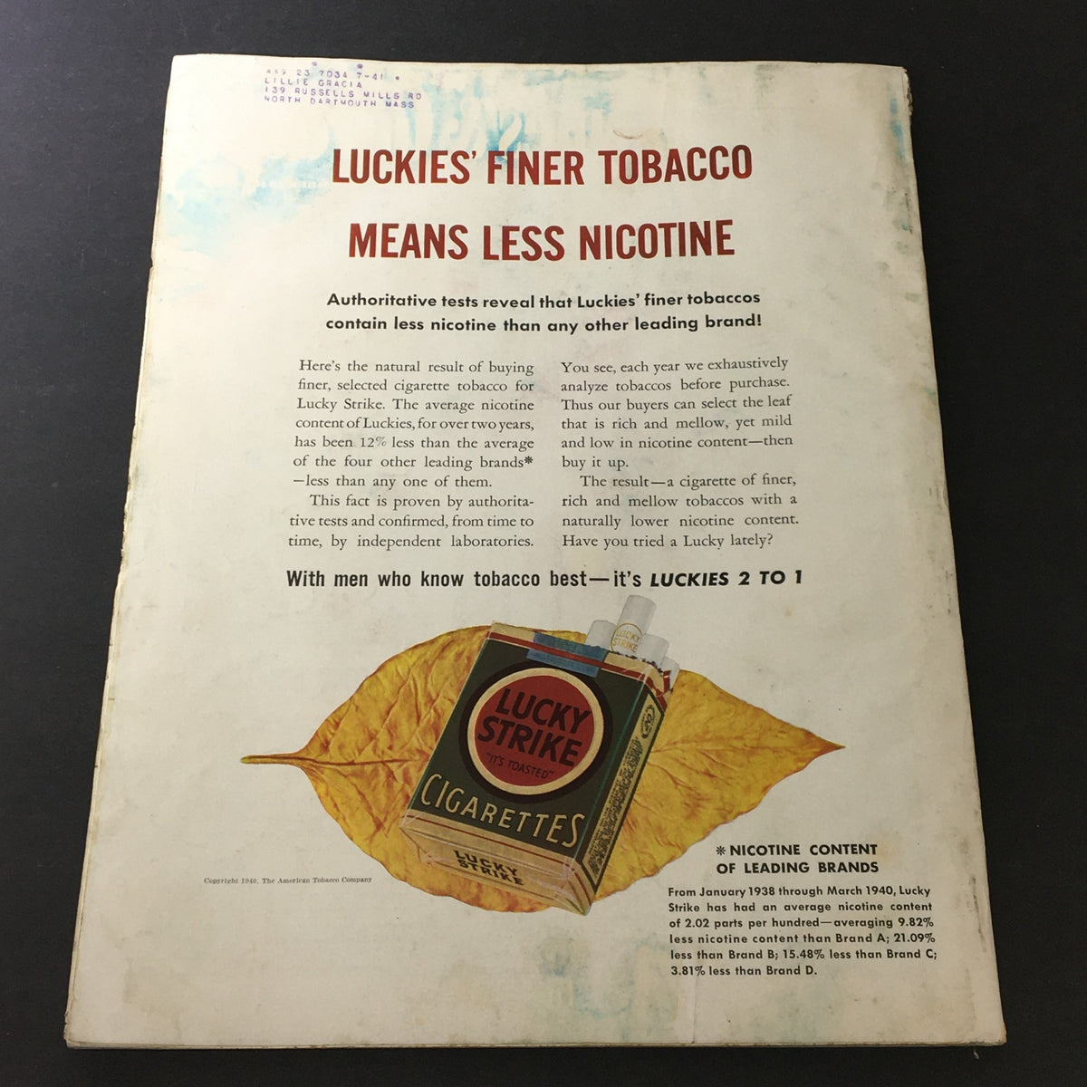 Back cover of VTG Better Homes & Gardens August 1940 showcasing an advertisement for Lucky Strike cigarettes, highlighting their lower nicotine content.