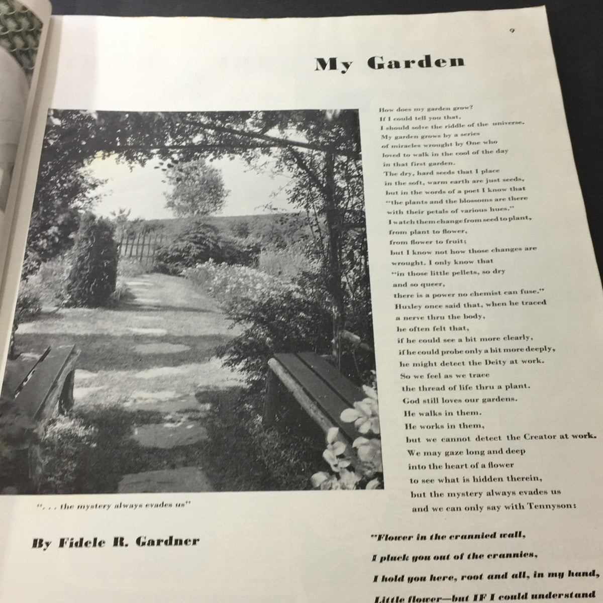 A literary page titled 'My Garden' from the VTG Better Homes & Gardens September 1940, featuring a scenic garden pathway and a poem by Fidel H. Gardner.