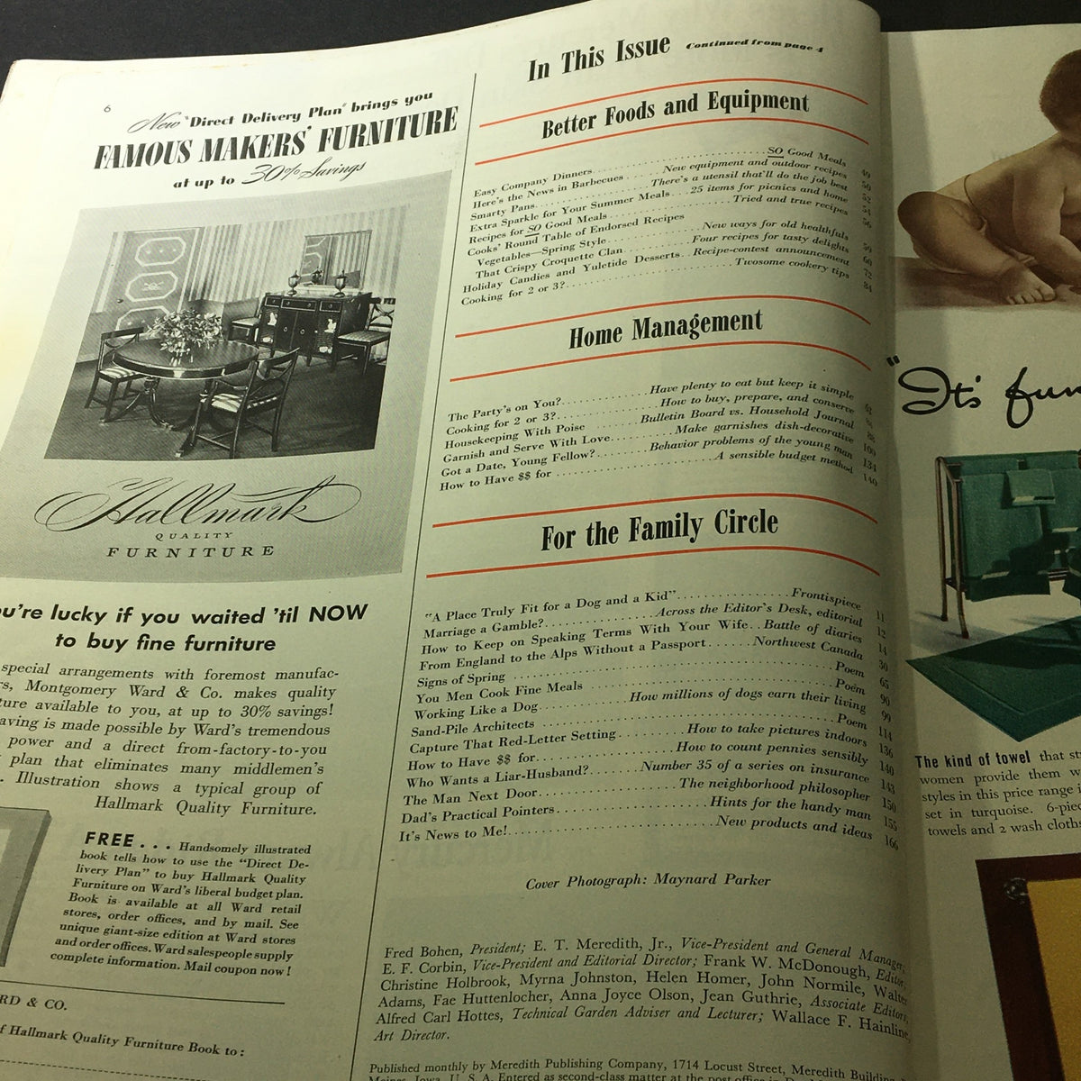 Interior advertisement from the VTG Better Homes & Gardens May 1941 magazine featuring furniture and home management tips.