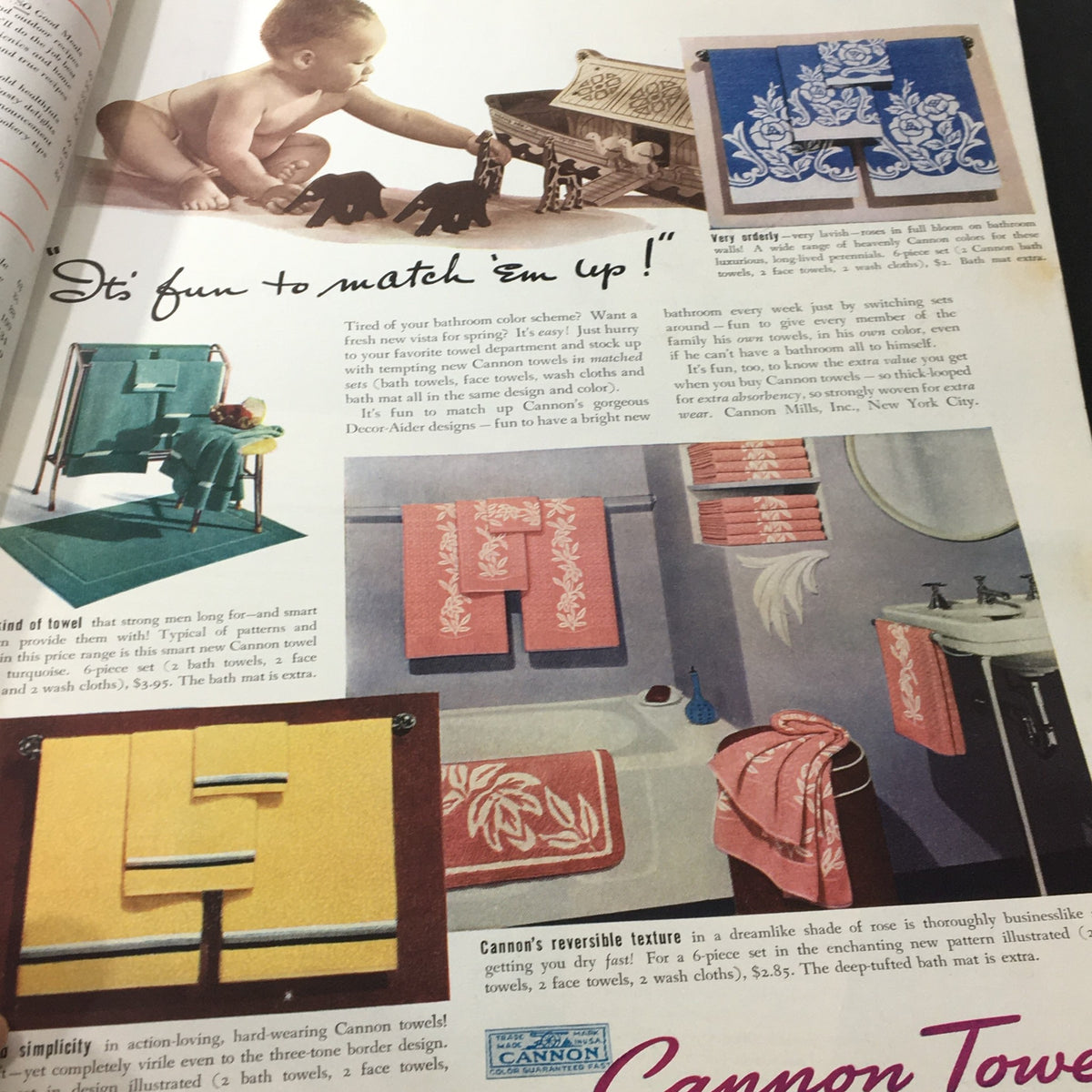 Colorful advertisement in the VTG Better Homes & Gardens May 1941 showcasing bathroom towels and decor.