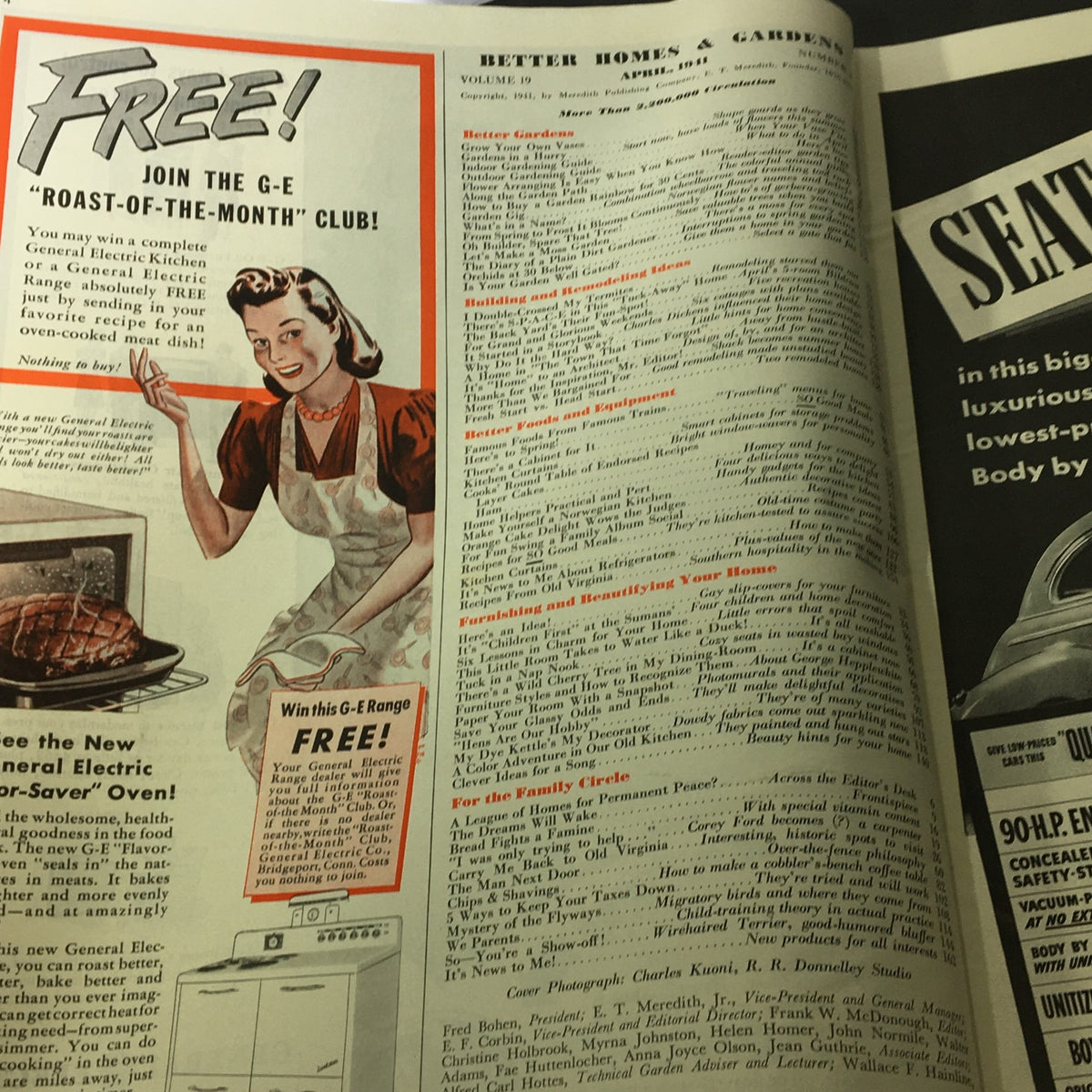 VTG Better Homes & Gardens April 1941 Flower Arranging Made Easy - An advertisement featuring a woman cooking with a General Electric range and various articles on gardening and home improvement.