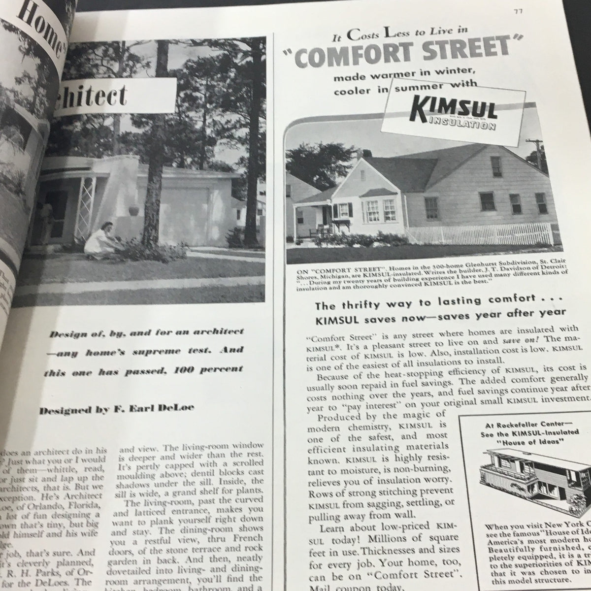 VTG Better Homes & Gardens April 1941 Flower Arranging Made Easy - A page highlighting KIMSUL insulation with a photograph of a well-designed home, reflecting comfort and energy efficiency.