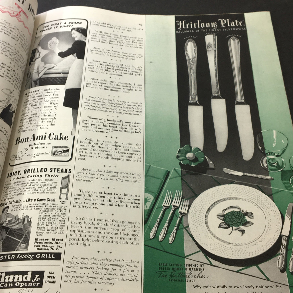 Table setting advertisement with Heirloom Plate silverware from VTG Better Homes & Gardens June 1941 Dead Kitchen Comes To Life.