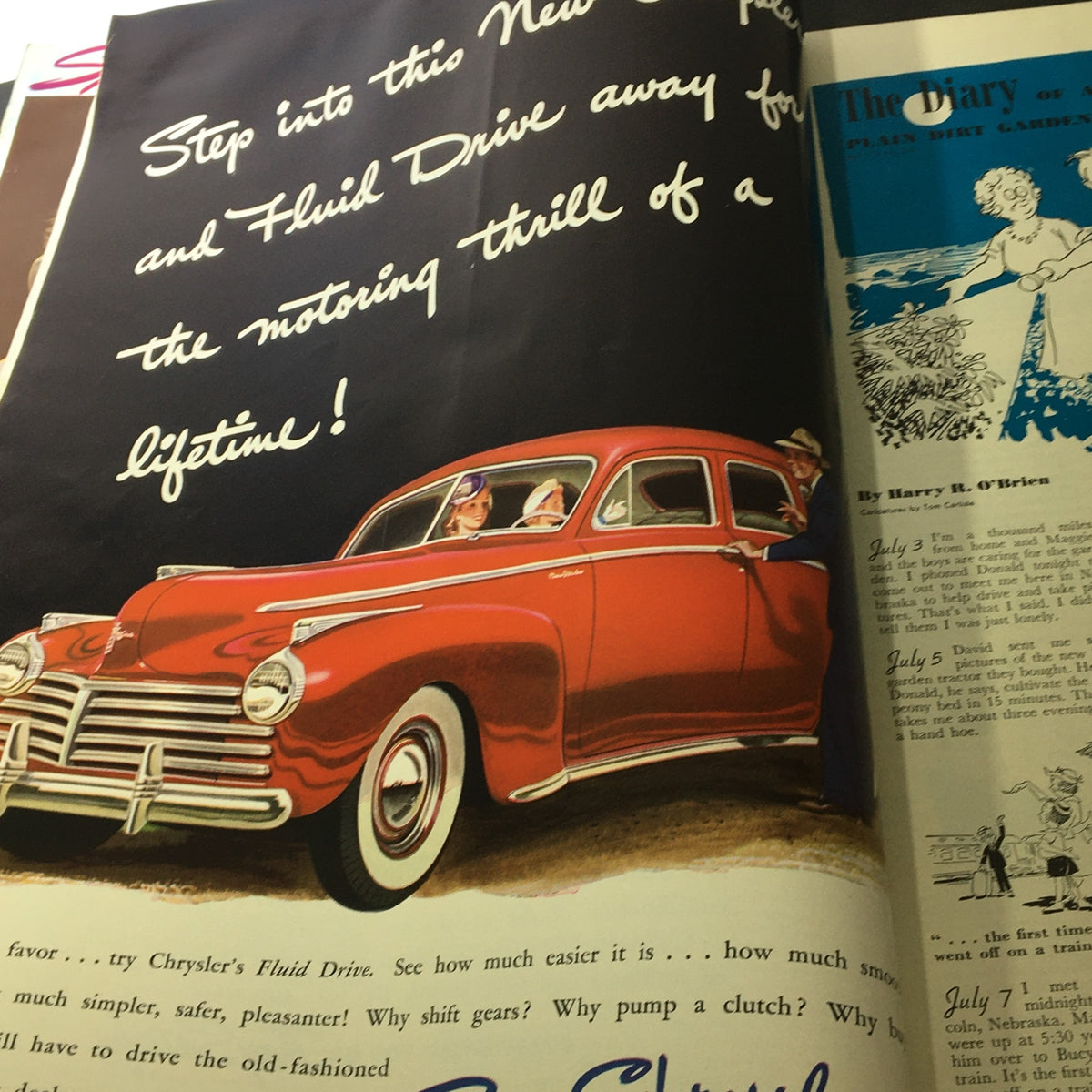 VTG Better Homes & Gardens July 1941 Food Light and Picture Perfect Home - Vintage advertisement showcasing a red car with two passengers, promoting Chrysler's Fluid Drive.