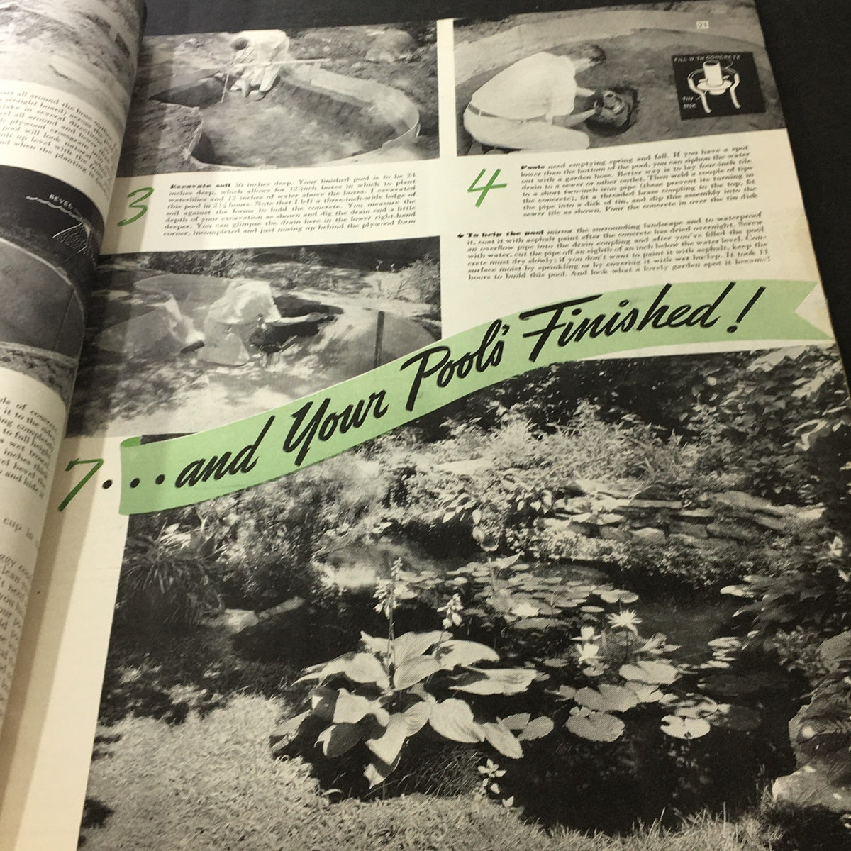 VTG Better Homes & Gardens July 1941 Food Light and Picture Perfect Home - Page featuring DIY tips for building a swimming pool, with step-by-step images and instructions.