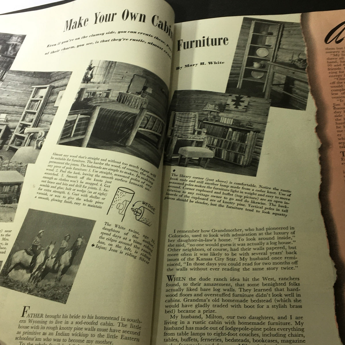 VTG Better Homes & Gardens July 1941 Food Light and Picture Perfect Home - Article page on creating homemade furniture, with images of rustic cabin-style furniture and woodworking tips.