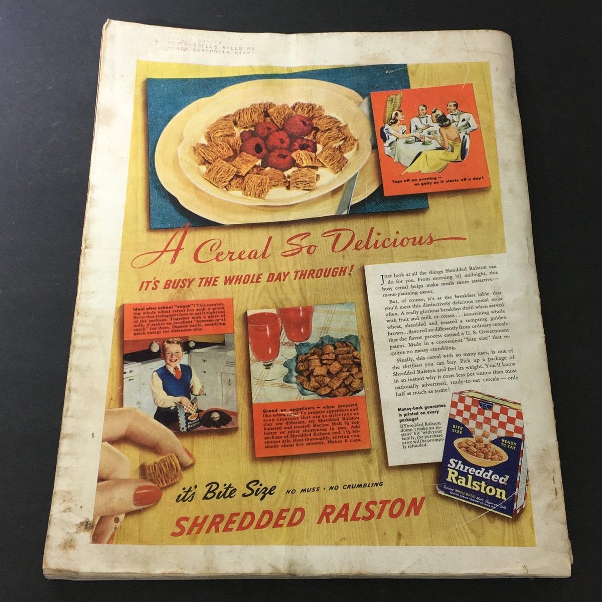 Vintage Better Homes & Gardens July 1941 magazine cover featuring an advertisement for Shredded Ralston cereal with a bowl of cereal, fruit, and family enjoying breakfast. The title reads: 'A Cereal So Delicious - It's Busy the Whole Day Through!'. This cover showcases classic vintage food marketing and home living themes.