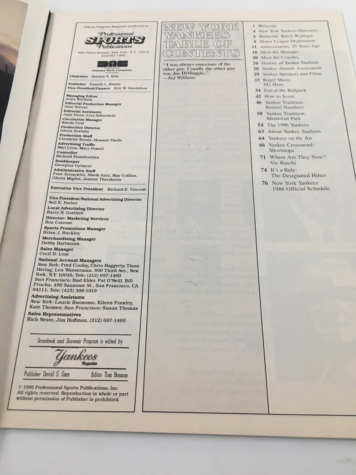 Inside page from the 1986 Official Scorebook & Souvenir Program MLB New York Yankees Lou Piniella, featuring the table of contents and editorial credits.